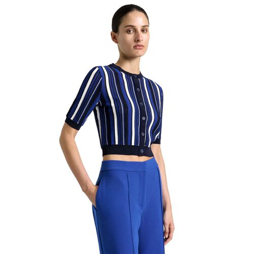Cue Cobalt Textured Stripe Short Sleeve Cardigan